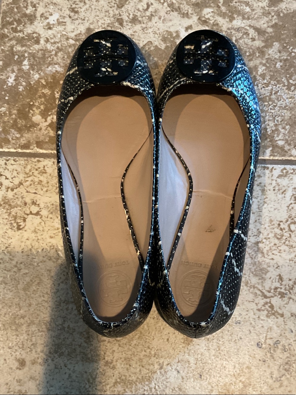 Tory Burch Black and White Speckled Reva Flats with Logo Medallion